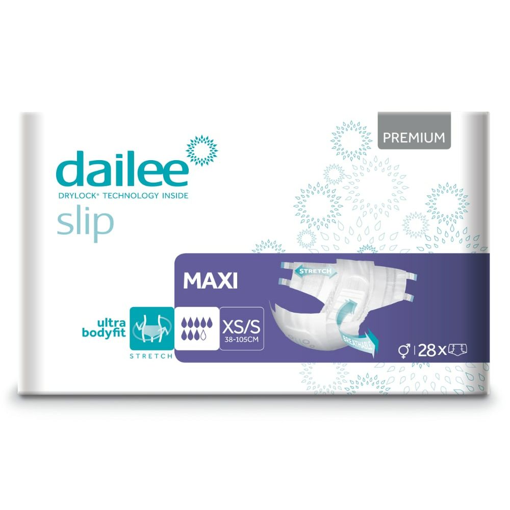 Verpackung Dailee Slip Premium Maxi. Weiß, mit Produktabbildung und Text. Größe XS/S, 28 Stück. Premium-Qualität.