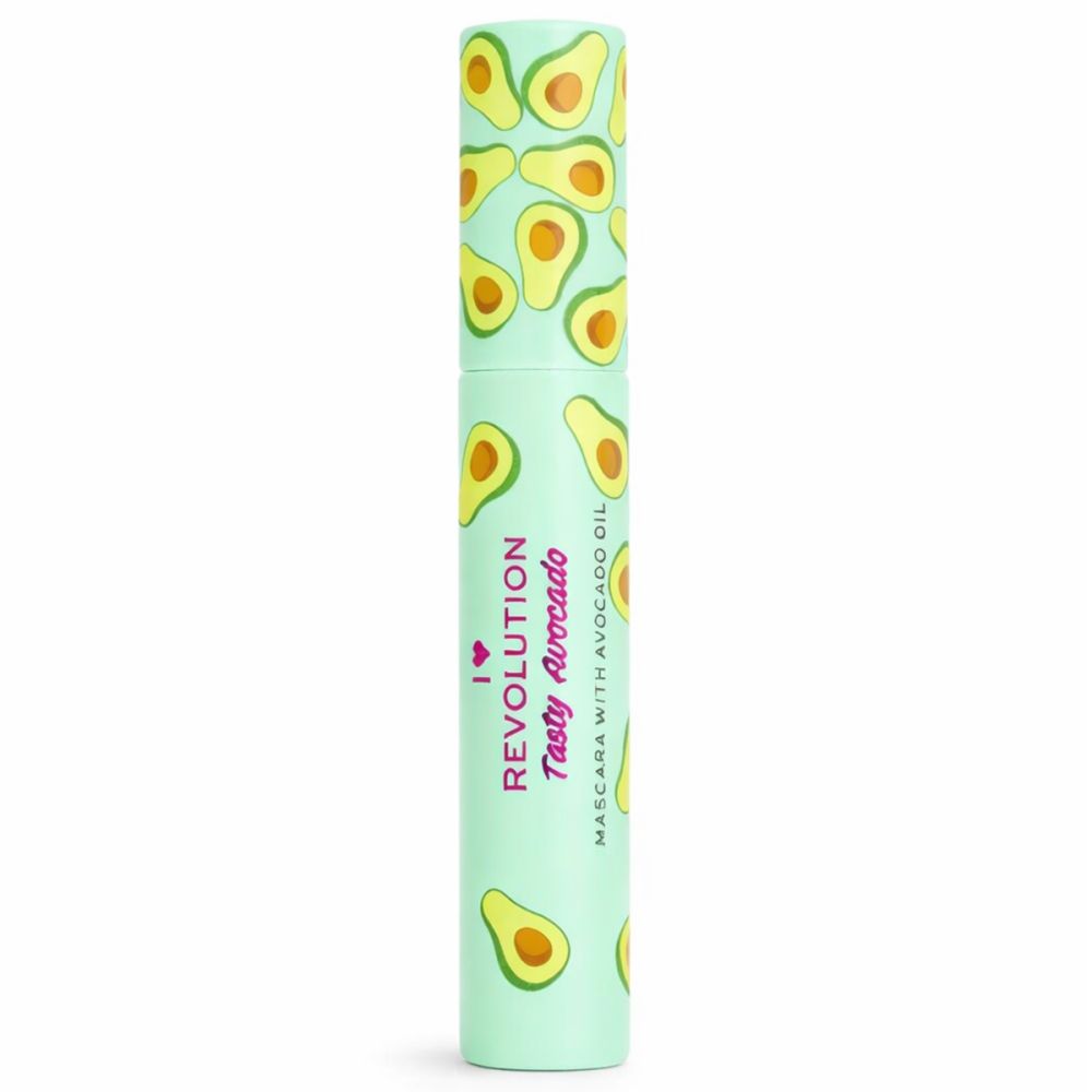 Grüne Mascara-Tube mit Avocado-Muster. Text: Tasty Avocado, Mascara with Avocado Oil.