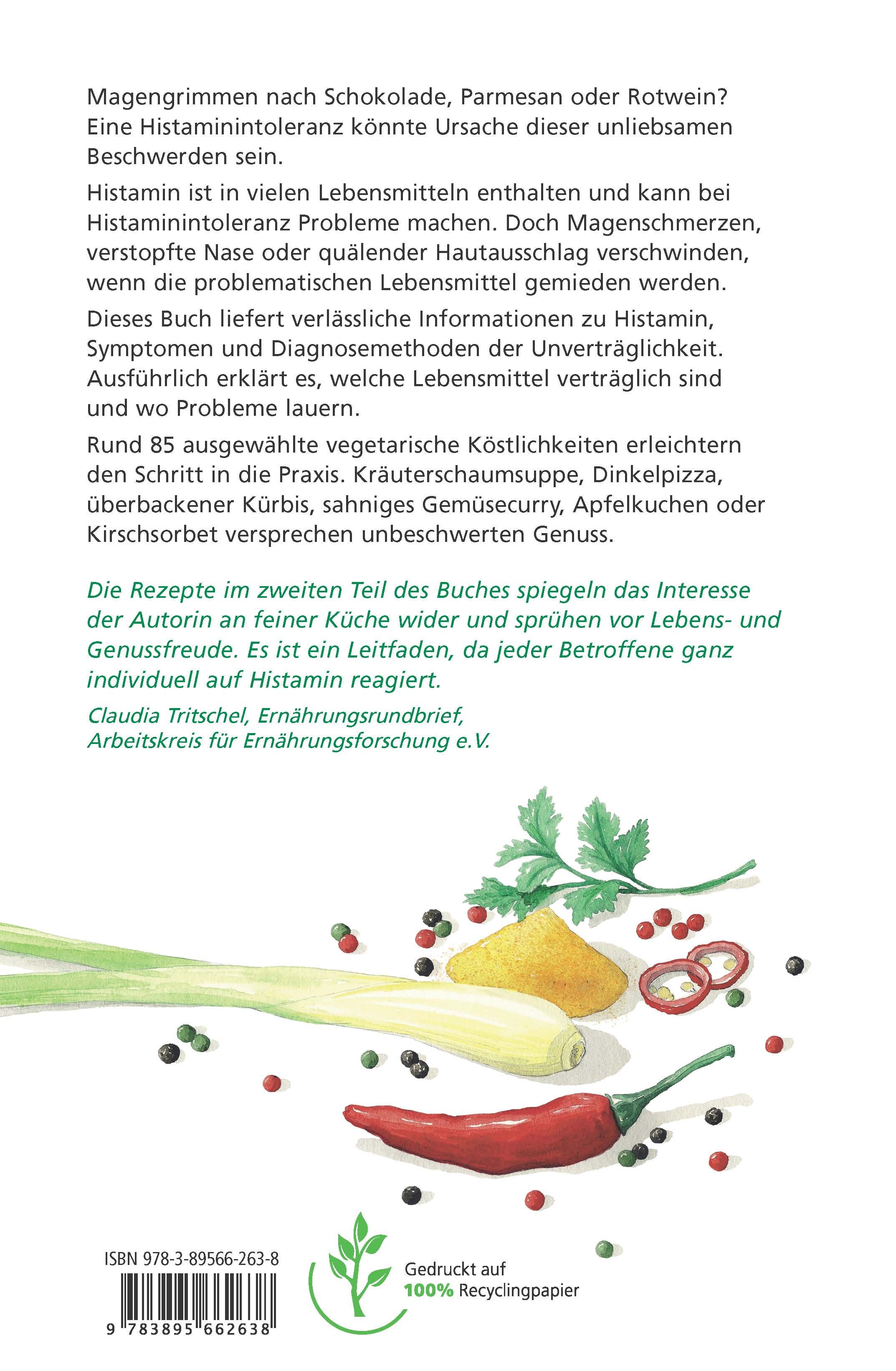 Rückseite des Buches "Histaminarm kochen - vegetarisch". Text, Zutaten wie Chili, Lauchzwiebeln, Knoblauch. Recyclingpapier.