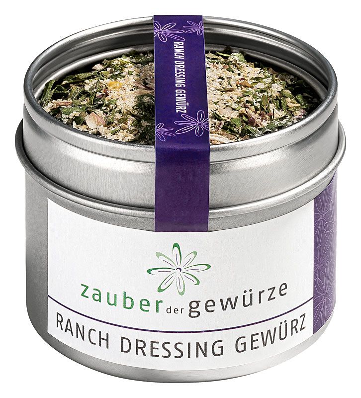 Runde Dose mit Gewürzmischung. Aufkleber mit "Zauber der Gewürze Ranch Dressing Gewürz". Lila Band mit Text.