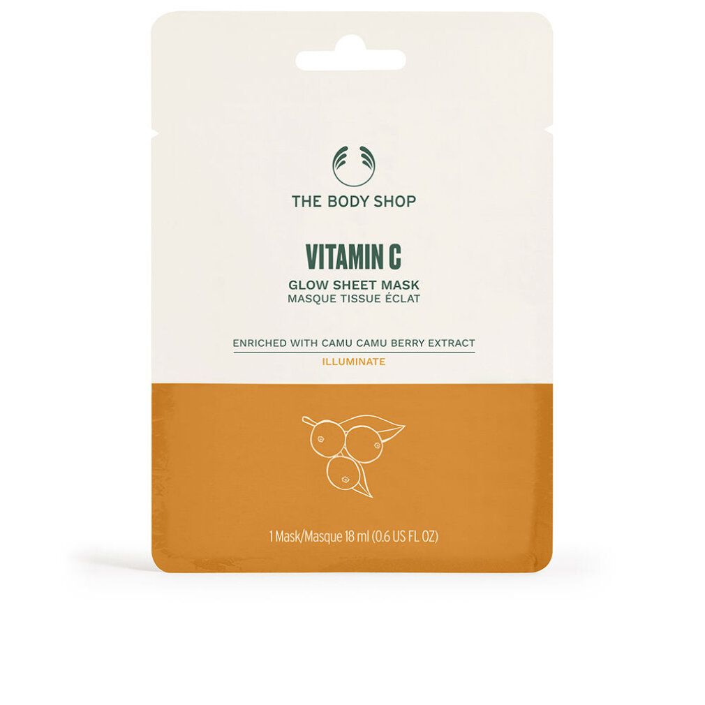 Verpackung der Sheet Maske. Oben weiß, unten orange. Text: The Body Shop, Vitamin C, Glow Sheet Mask, Camu Camu Berry Extract, Illuminate.