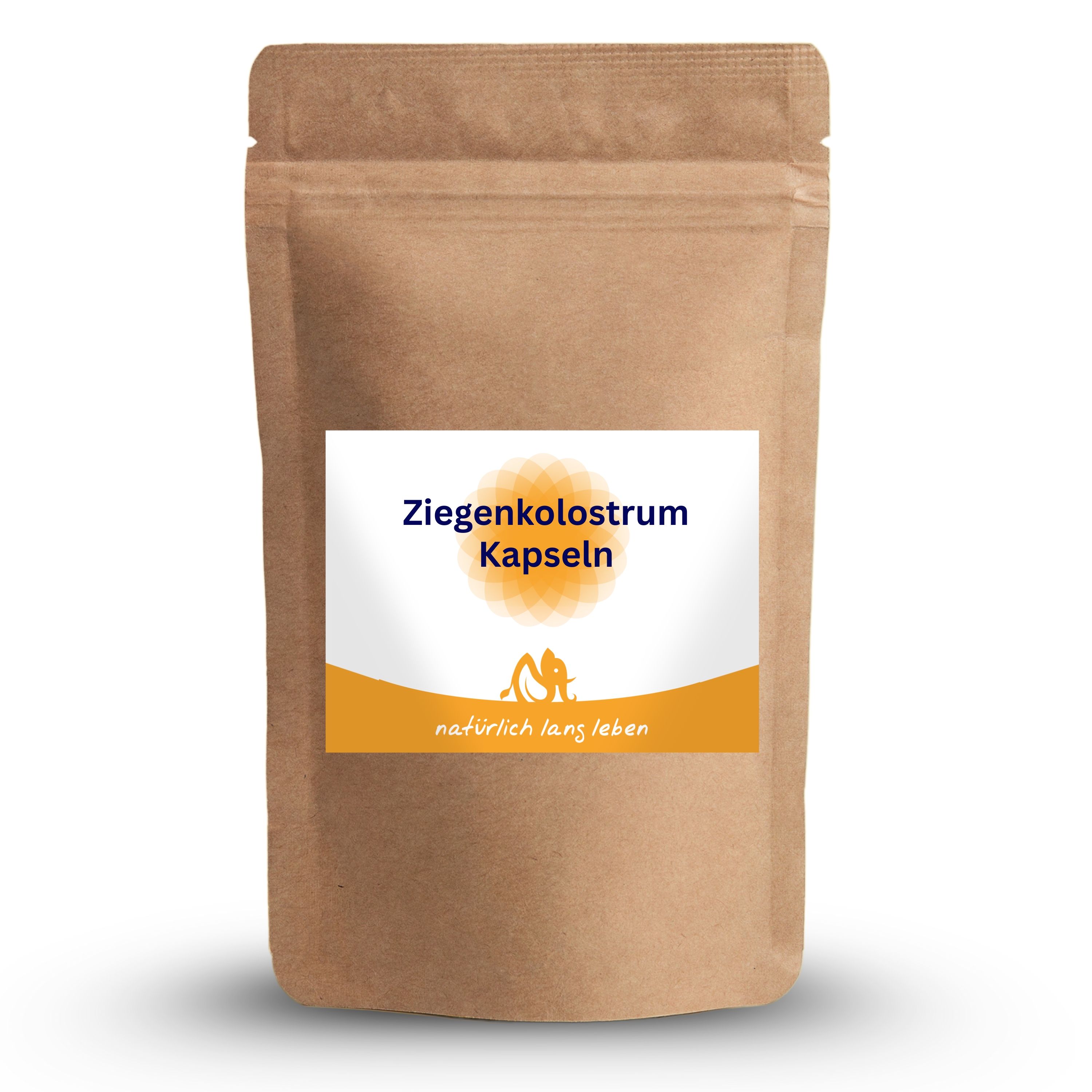 Braune Tüte mit weißem Etikett. Aufschrift: Ziegenkolostrum Kapseln. Logo und Schriftzug: natürlich lang leben.