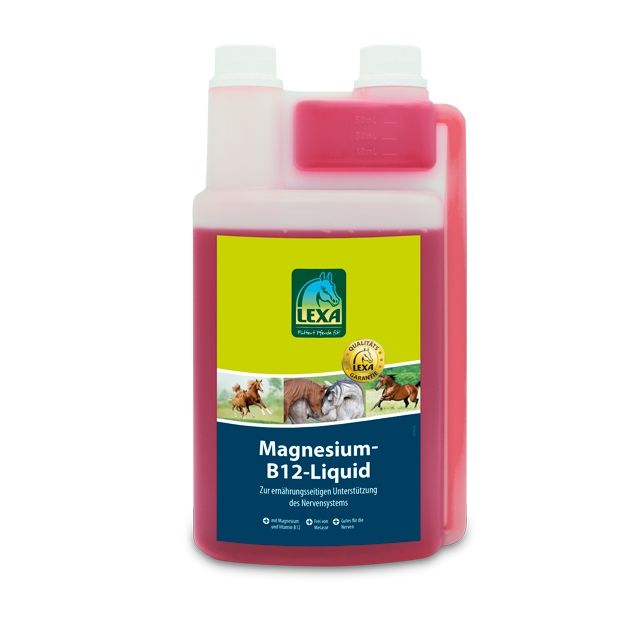 Rote Flasche mit gelbem Etikett. Darauf Logo mit Pferd, Schriftzug LEXA und Produktbezeichnung Magnesium-B12-Liquid. Mit Bildern von Pferden.