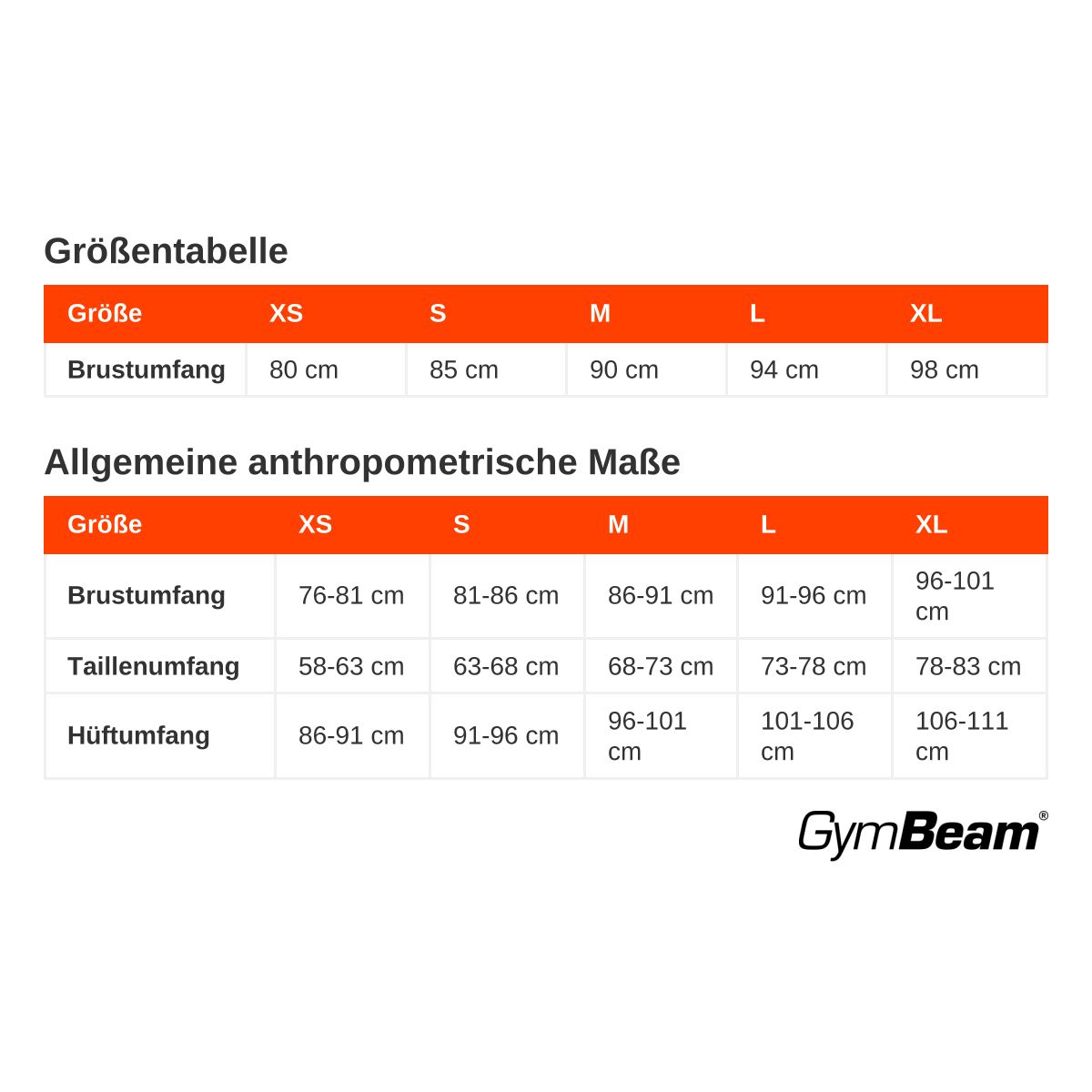 Größentabelle für Damen-Bikini-Oberteile mit Brust-, Taillen- und Hüftumfang in cm.