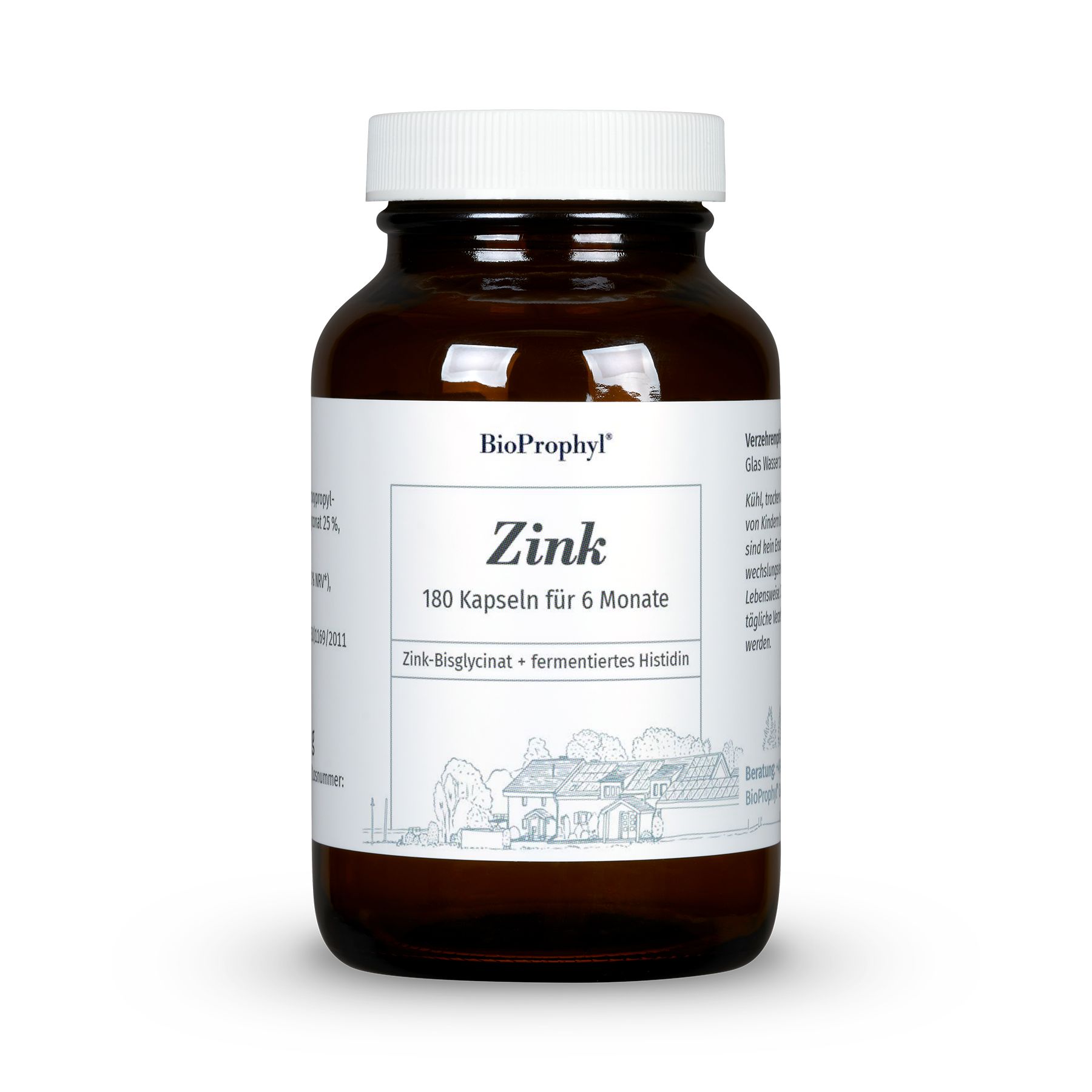 Braune Glasflasche mit weißem Deckel und Etikett. Auf dem Etikett steht "Zink", "180 Kapseln für 6 Monate" und "BioProphyl".