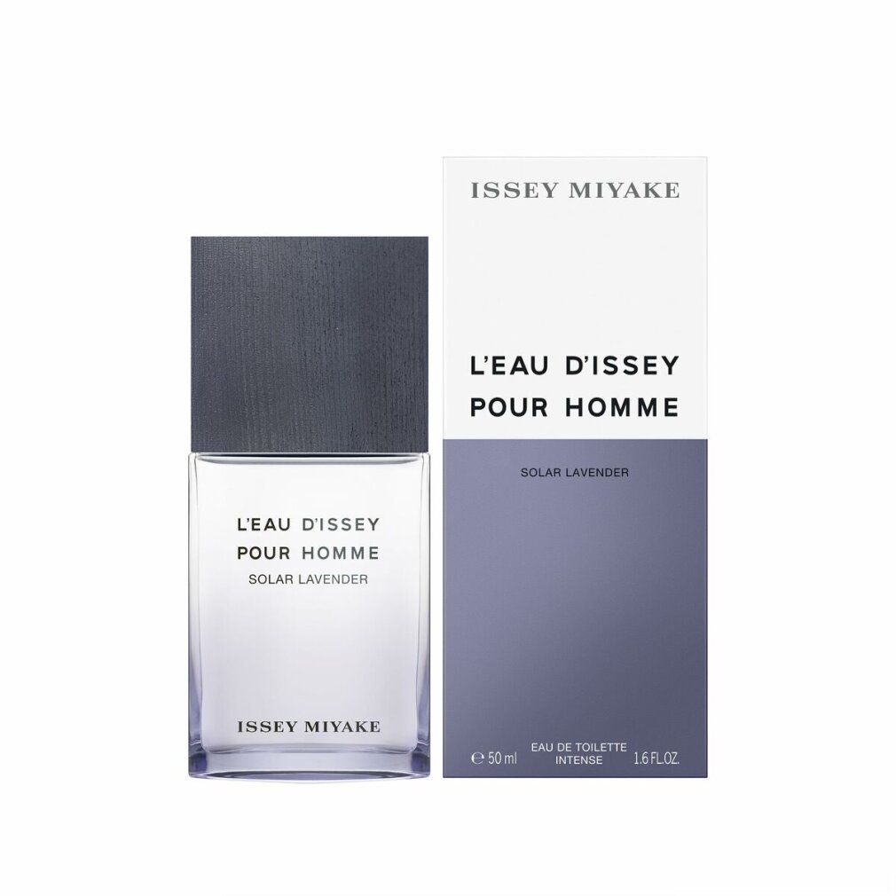 Flakon und Verpackung. Flakon rechteckig, graue Kappe. Verpackung weiß/lila. Aufschrift: L'Eau d'Issey pour Homme Solar Lavender.