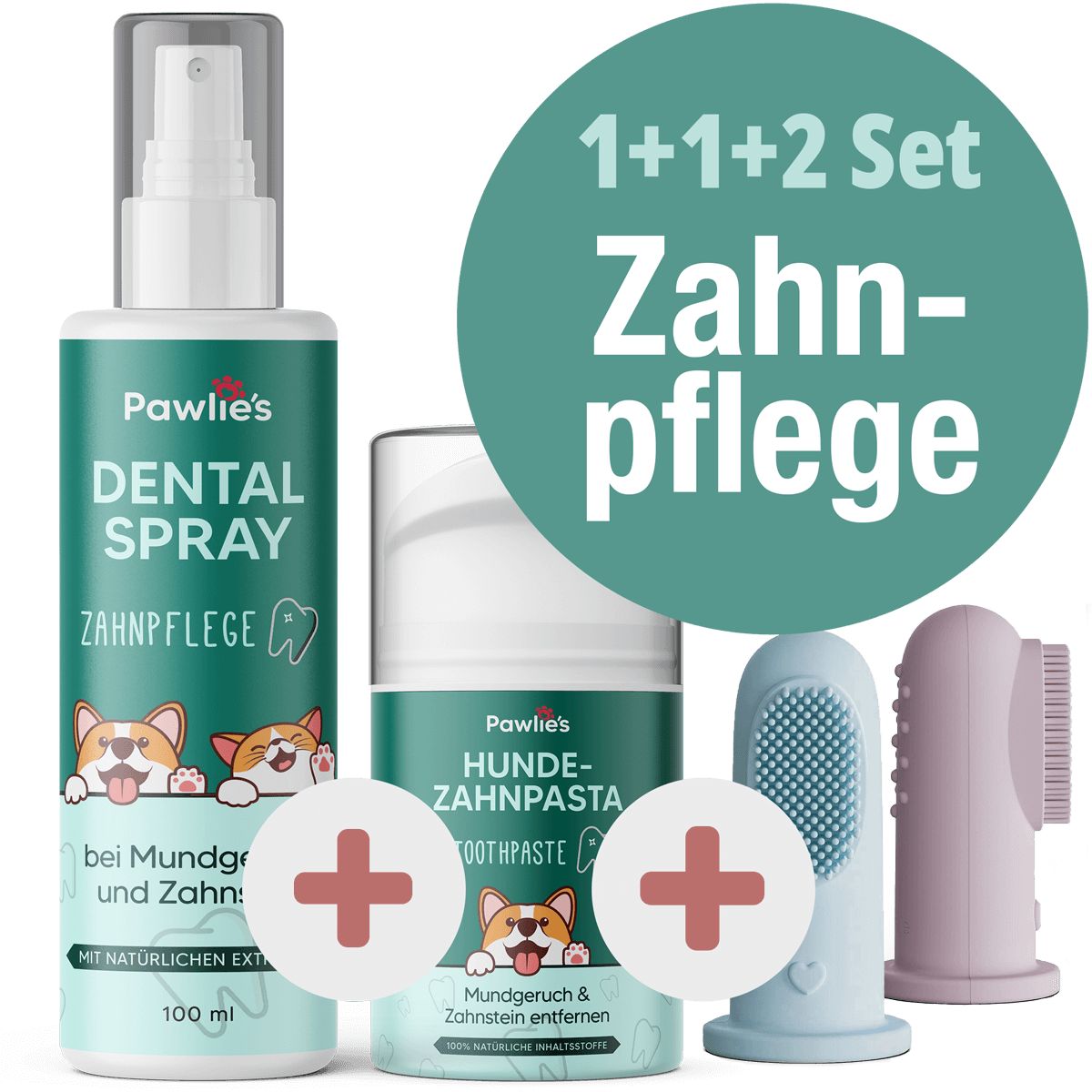 Zahnpflege-Set. Enthält Dental Spray, Zahnpasta, zwei Fingerzahnbürsten. Aufdrucke: Pawlie's, Zahnpflege, 1+1+2 Set.