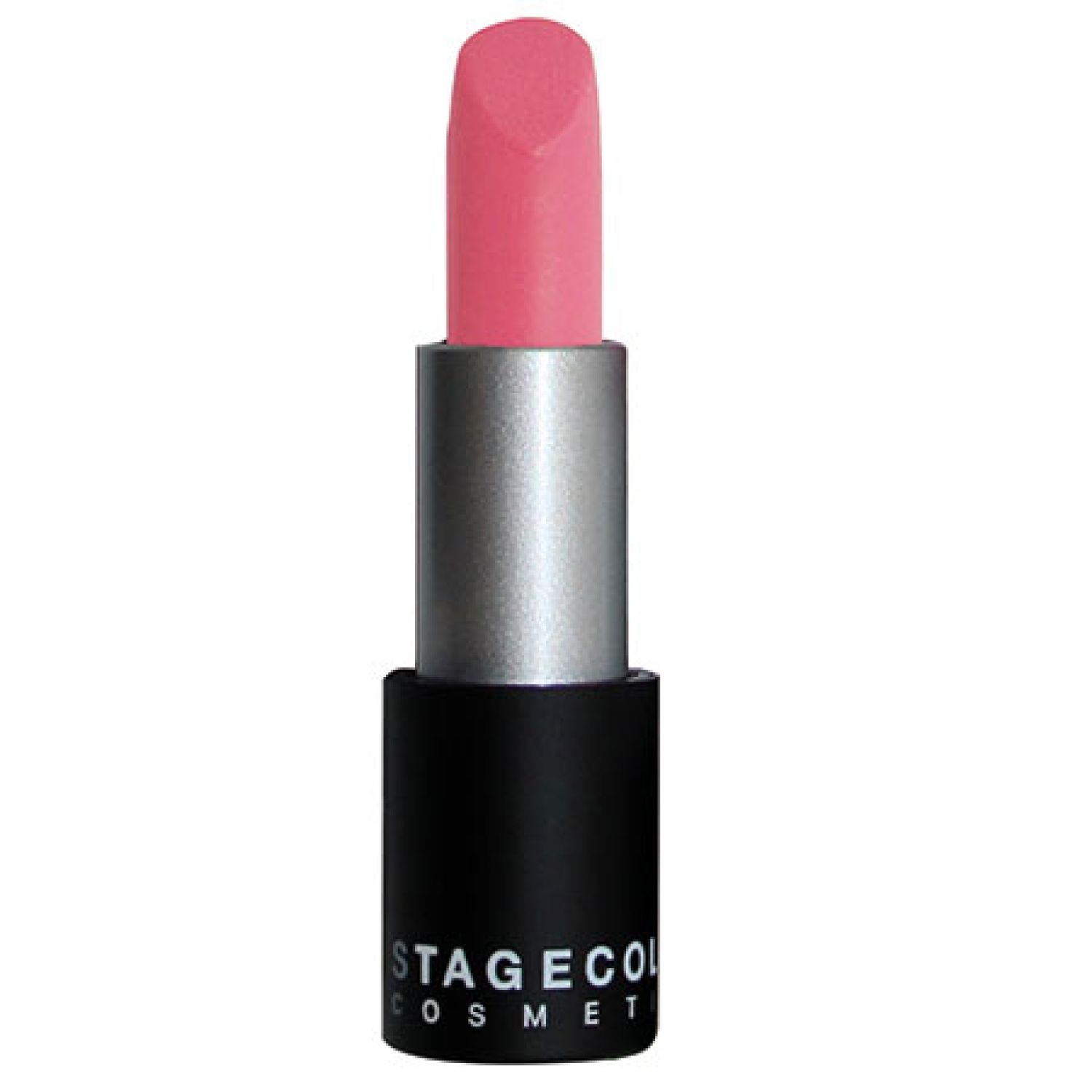 Lippenstift mit rosa Spitze. Silberfarbener Mittelteil, schwarzer Boden mit "STAGECOLOR COSMETICS" Schriftzug.