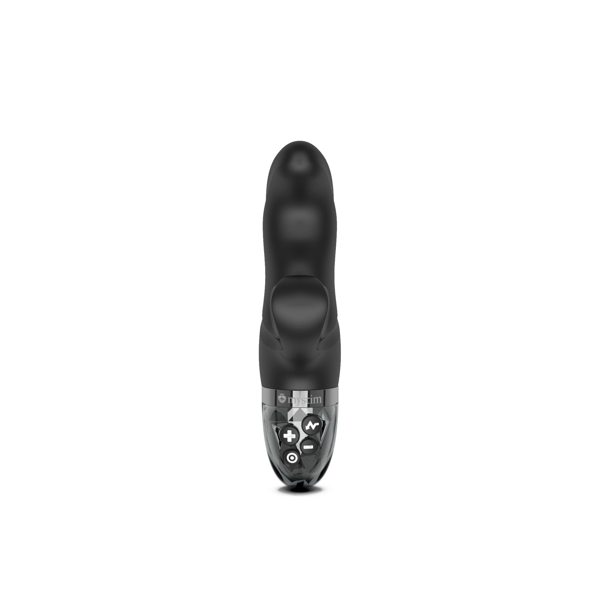 Schwarzer Vibrator mit abgerundeter Form. Transparente Basis mit Bedienelementen.