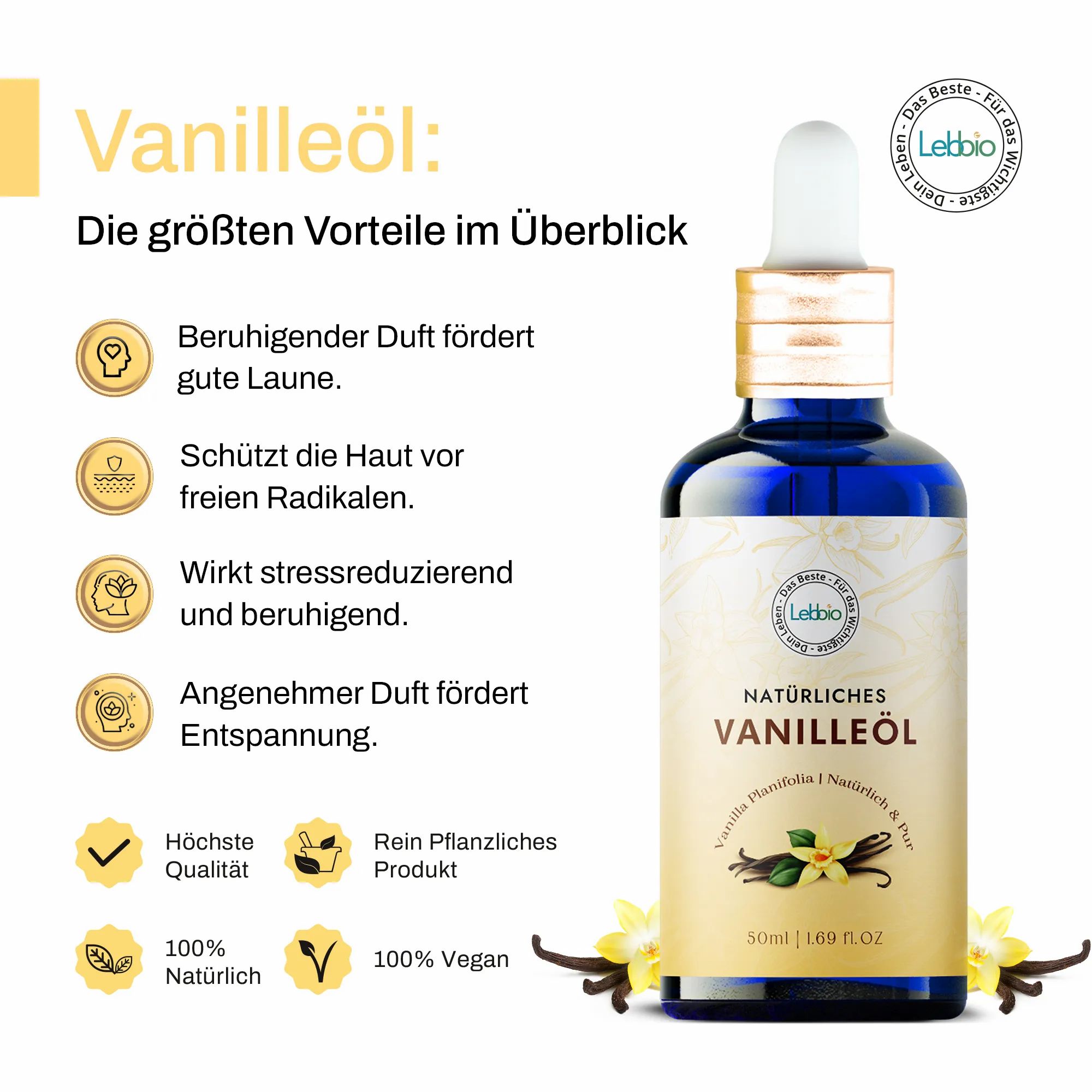 Blaues Fläschchen Vanilleöl mit Pipette. Aufschrift: Natürliches Vanilleöl, 50ml, 1.69 fl.oz. Vorteile: Beruhigend, schützt die Haut, stressreduzierend.