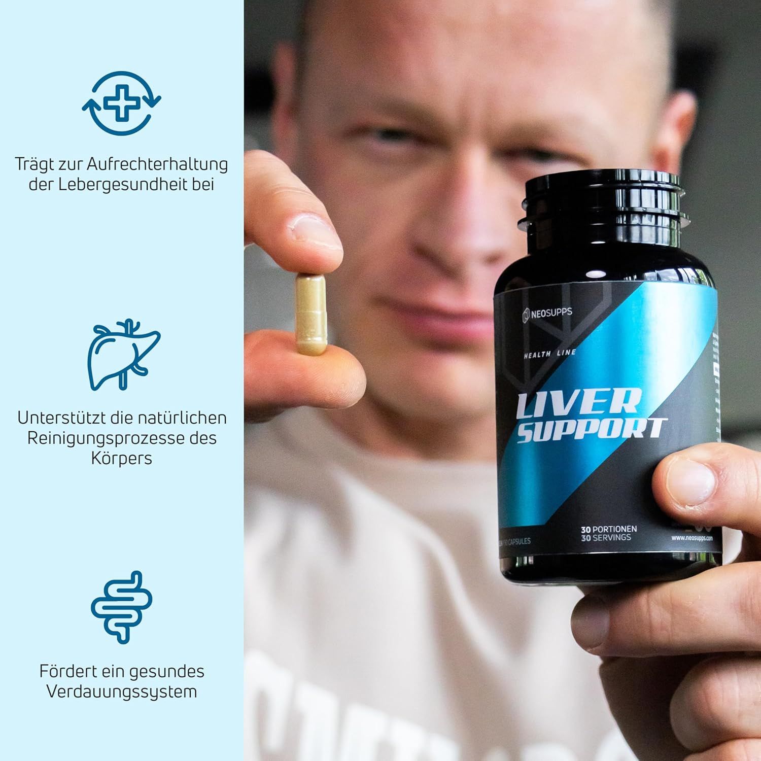 Schwarze Flasche mit "LIVER SUPPORT"-Aufdruck. Eine Kapsel wird von einer Person gehalten. Text: "Trägt zur Aufrechterhaltung der Lebergesundheit bei".