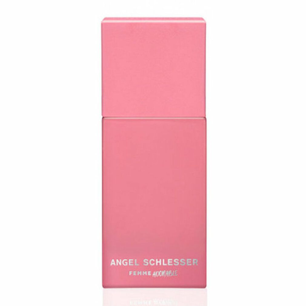 Rosa Flakon. Aufschrift: Angel Schlesser Femme Adorable. Eau de Toilette.