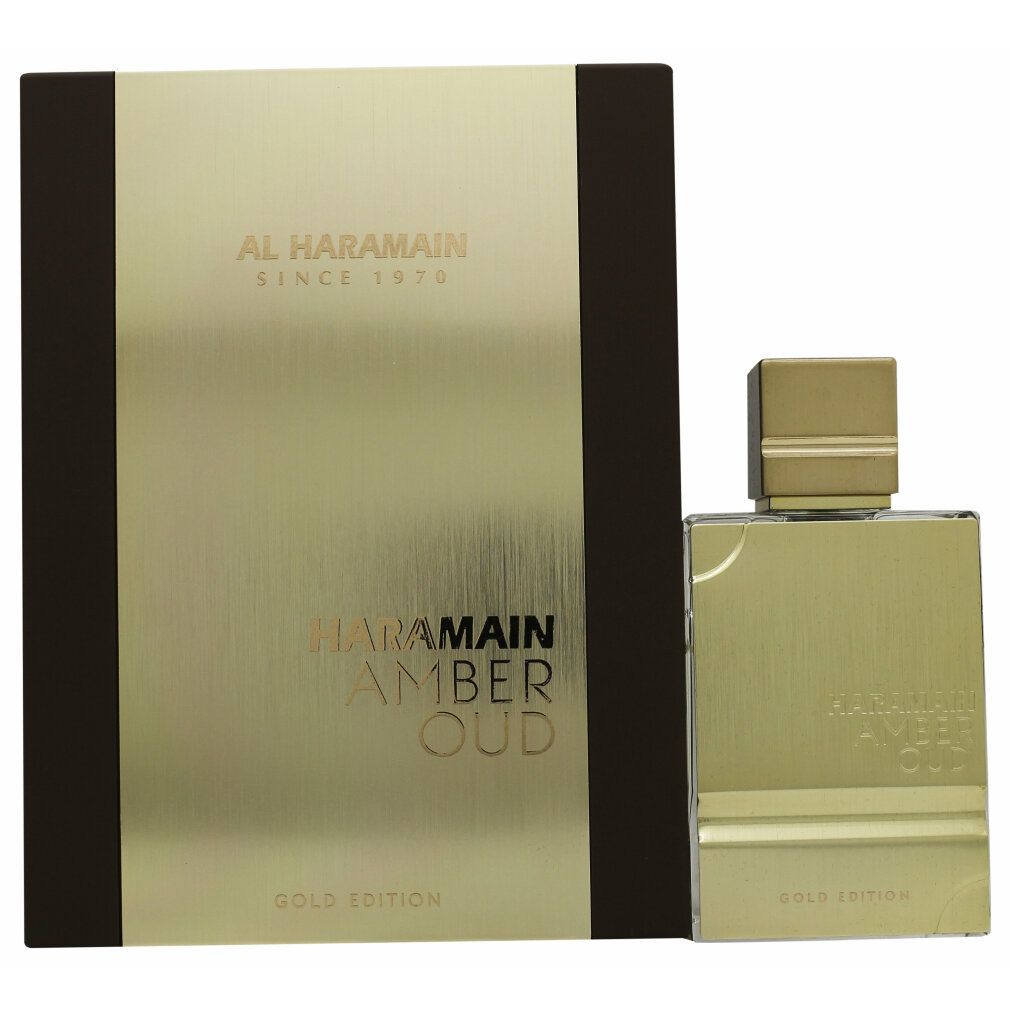 Goldfarbener Flakon und Verpackung. Aufschrift: Al Haramain Amber Oud Gold Edition. Flakon mit eckigem Deckel und rechteckiger Form.