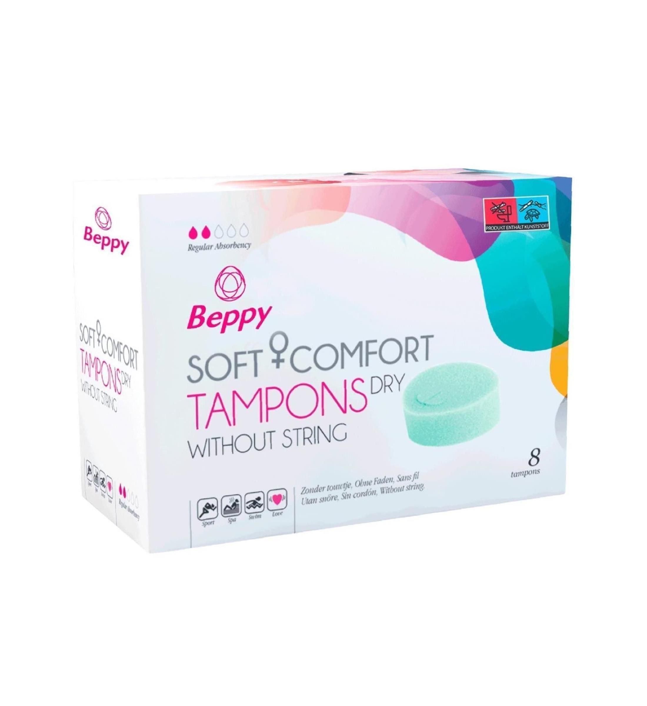 Karton mit Beppy Soft + Comfort Tampons Dry ohne Faden. Grüner Tampon sichtbar. 8 Stück.