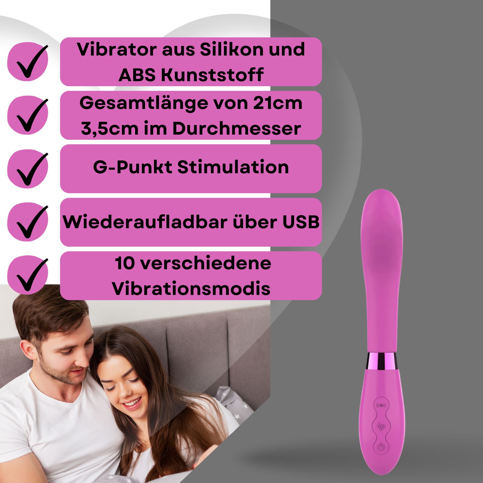 Rosa Vibrator. Text: Vibrator aus Silikon und ABS Kunststoff, 21cm lang, 3,5cm Durchmesser, G-Punkt Stimulation, USB.
