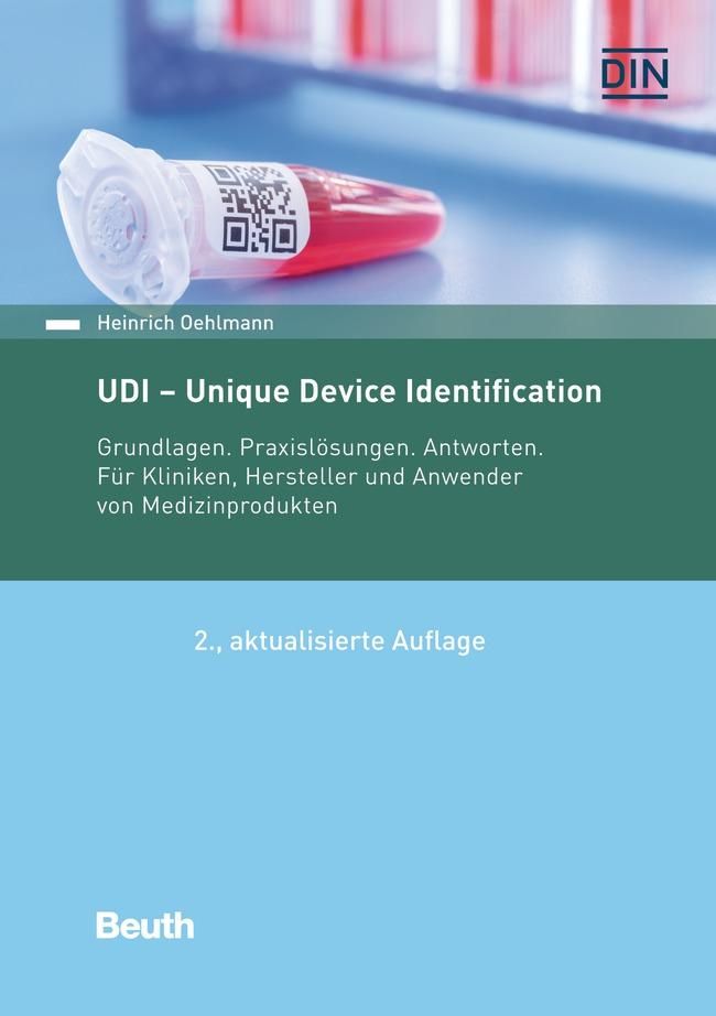 Buchcover: UDI - Unique Device Identification. Titel, Autor, und Verlag Beuth. DIN-Zeichen. 2. aktualisierte Auflage.