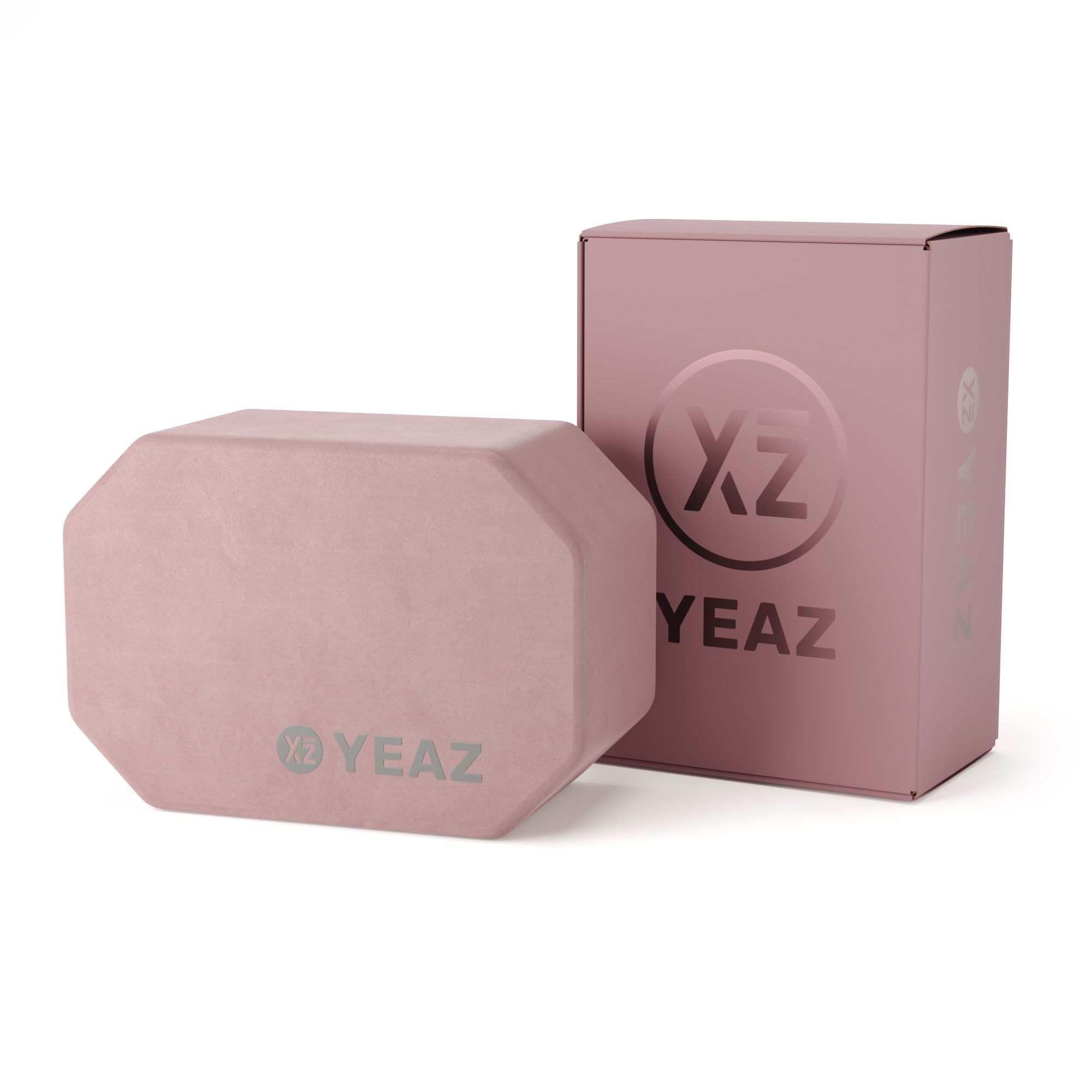 Rosa Yoga-Block und Verpackung. Block mit YEAZ-Logo, achteckige Form. Verpackung mit Logo.