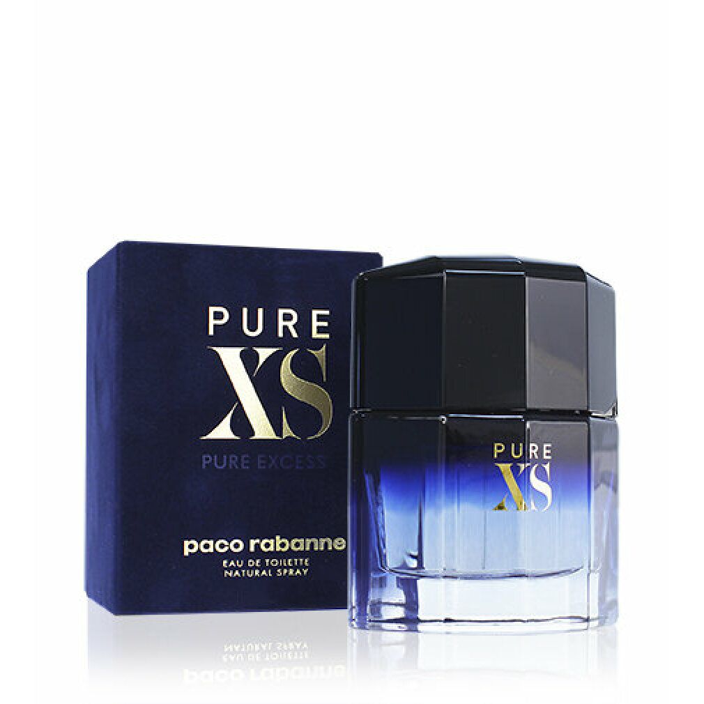 Paco Rabanne Pure XS Eau de Toilette Spray. Flakon und Verpackung. Blaue Farbverläufe. Goldener Schriftzug Pure XS.