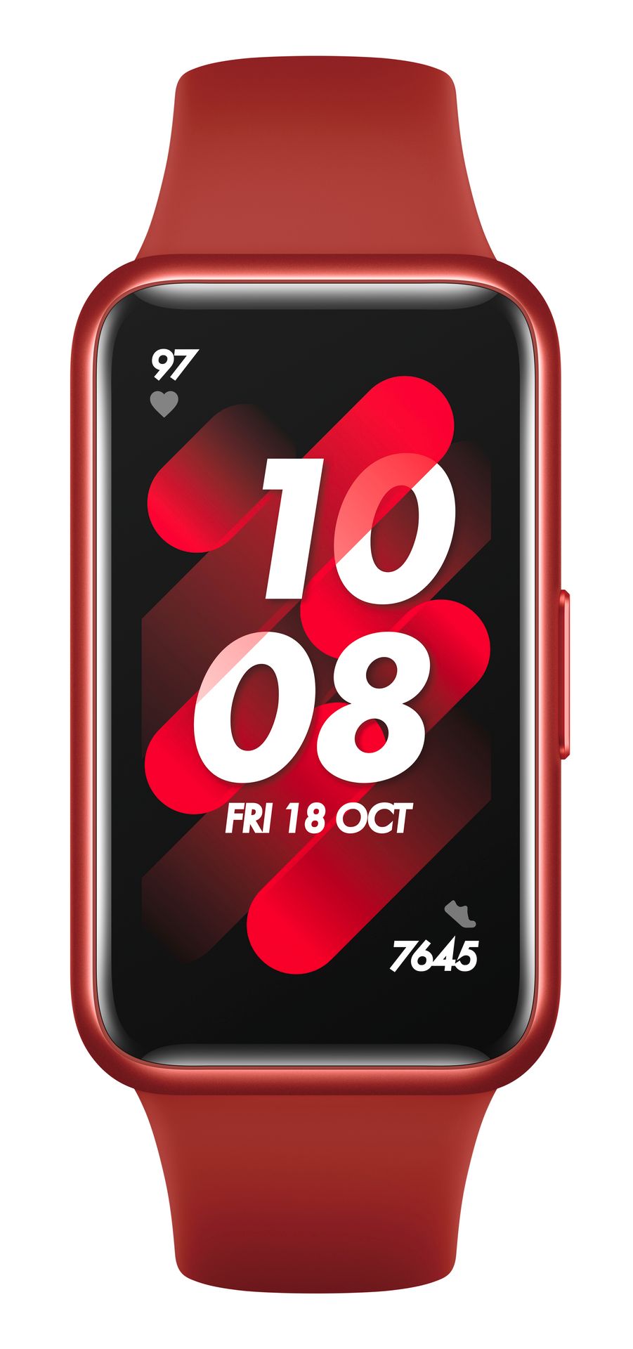 Rote Fitnessuhr mit rechteckigem Display. Zeigt Uhrzeit und Datum an. Rotes Armband.