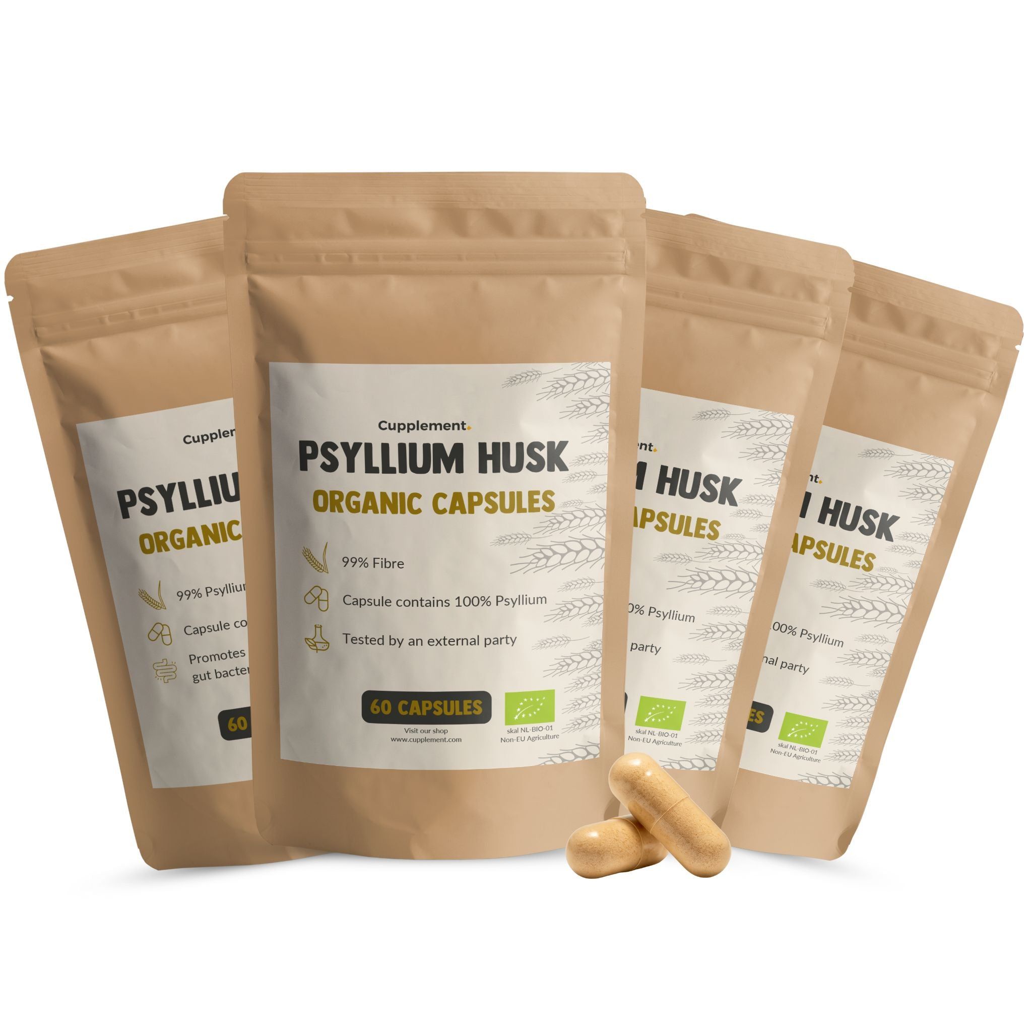 Beutel mit Kapseln. Aufschrift: PSYLLIUM HUSK ORGANIC CAPSULES. 60 Kapseln. Mit Bio-Siegel.