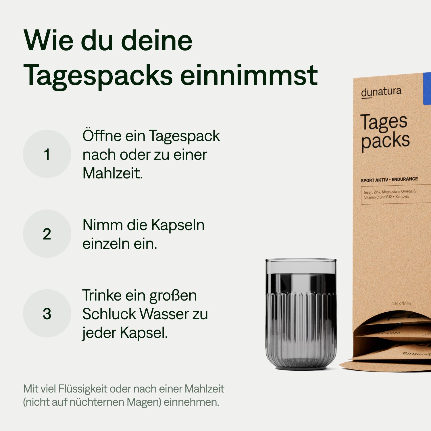 Anleitung zur Einnahme der 'Tagespacks'. Schritte: 1. Packung öffnen. 2. Kapseln einnehmen. 3. Wasser trinken. Produktverpackung daneben.