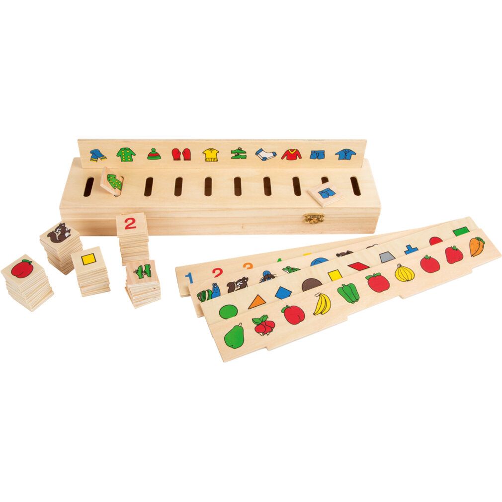 Holz-Bildersortierbox mit Symbolplättchen. Enthält Holzbox, Symbolplättchen und Karten. Verschiedene Formen und Farben.