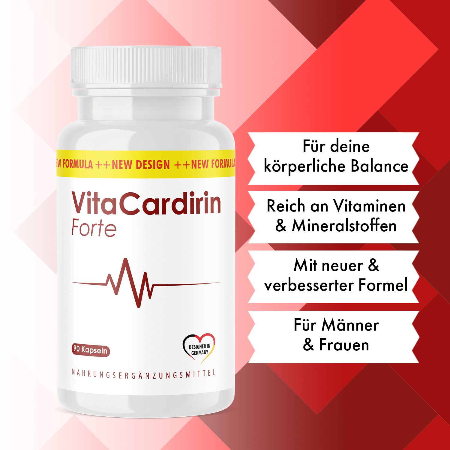 Weiße Flasche mit Kapseln. Aufschrift: VitaCardirin Forte. Rote Herzlinie. 90 Kapseln. Text: Für deine körperliche Balance, reich an Vitaminen & Mineralstoffen.