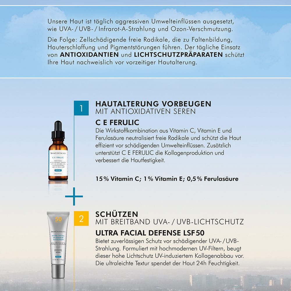 Infografik: Serum und Sonnencreme. Text über Hautalterung und Inhaltsstoffe. Produkte von Skinceuticals.