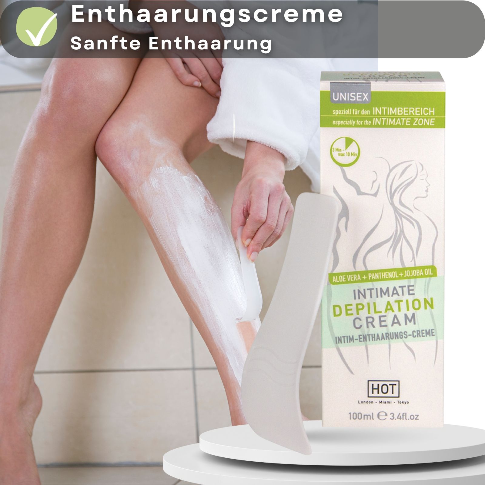 Creme, Spatel und Bein. Aufschrift: INTIMATE DEPILATION CREAM. Marke: HOT. 100 ml. Unisex. Produktinformationen.