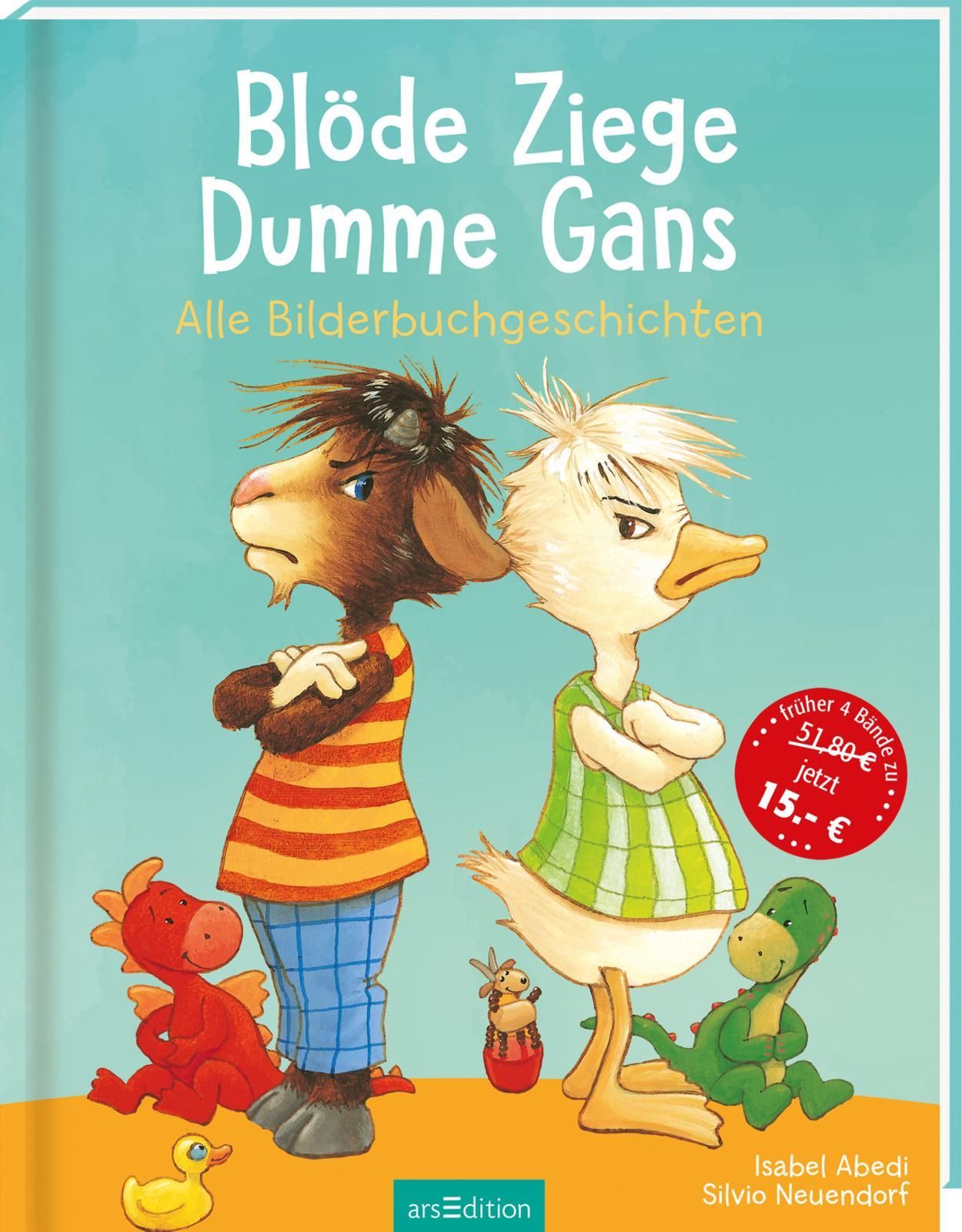 Buchcover mit Titel "Blöde Ziege Dumme Gans". Illustrationen von Ziege, Gans und Drachen. Preisaufkleber: 15.- €.