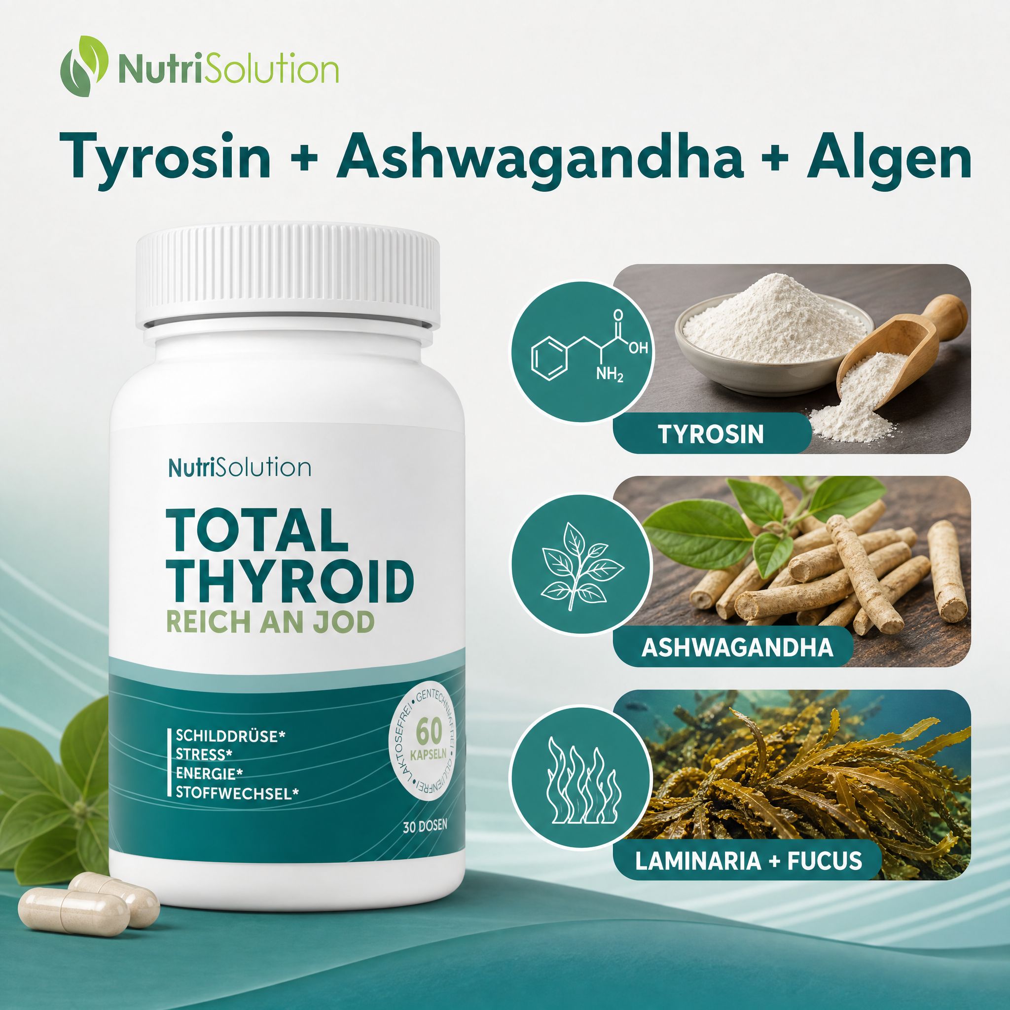 NutriSolution Total Thyroid: Kapselbehälter mit Tyrosin, Ashwagandha und Algen.