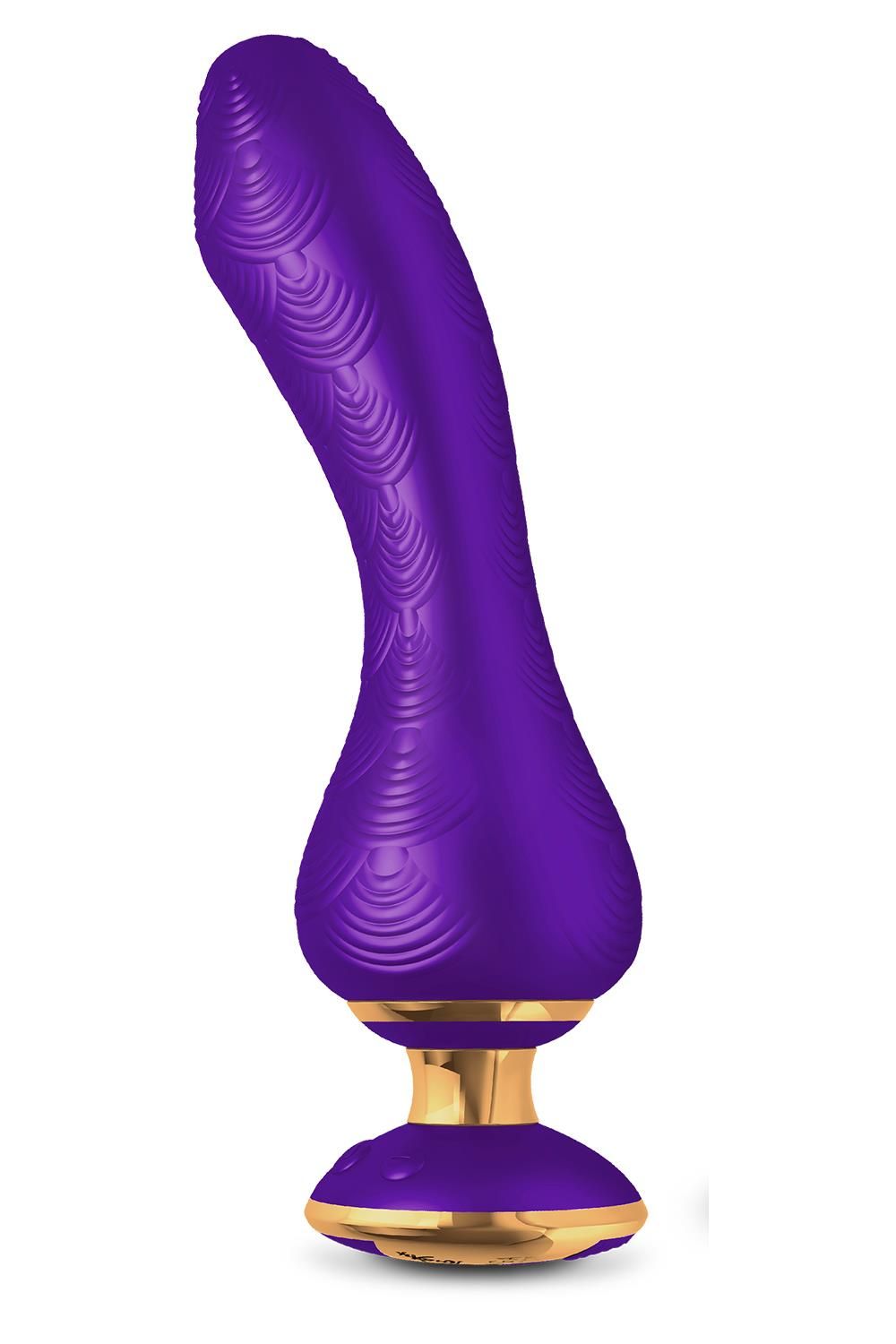 Lila Intimmassagegerät mit goldfarbenem Sockel. Wellenmuster auf der Oberfläche. Ergonomische Form.