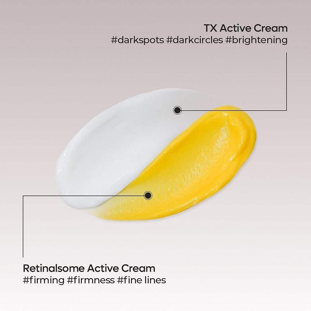 Zwei Cremeproben: eine weiße TX Active Cream und eine gelbe Retinalsome Active Cream.