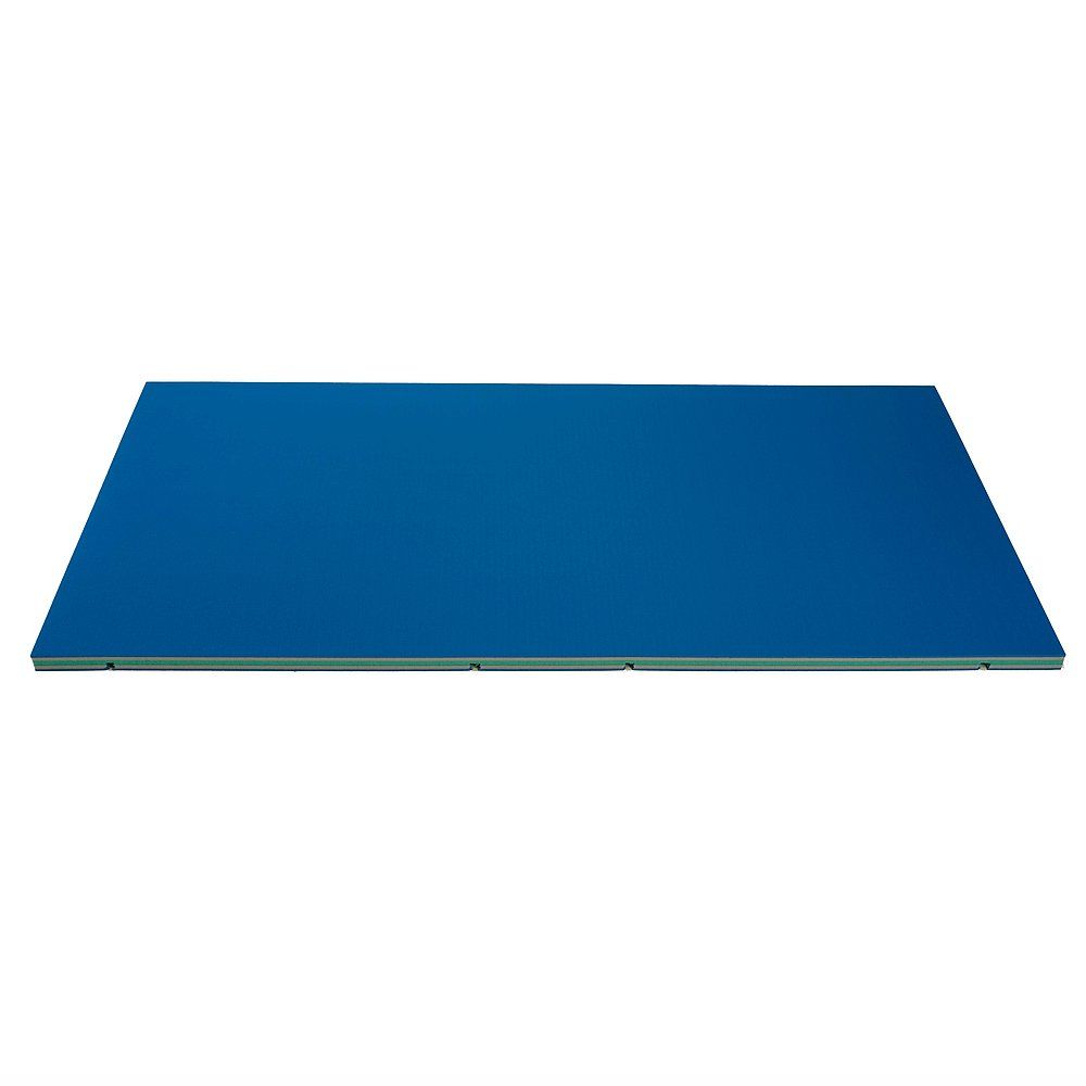 Blaue Judomatte. Rechteckige Form, flach liegend. Grüne Kanten.