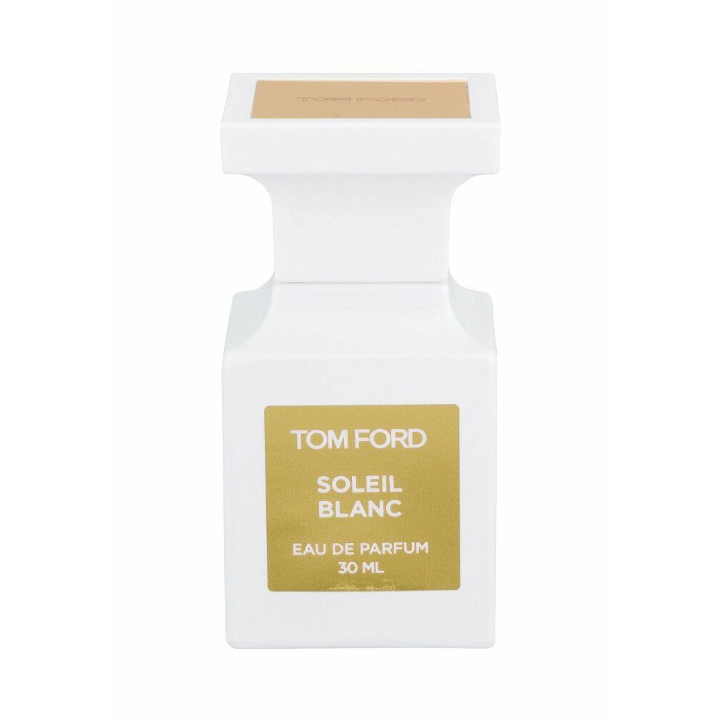 Weiße Flasche mit goldfarbenem Etikett. Aufschrift: Tom Ford Soleil Blanc Eau de Parfum 30 ml. Weißer Verschluss.