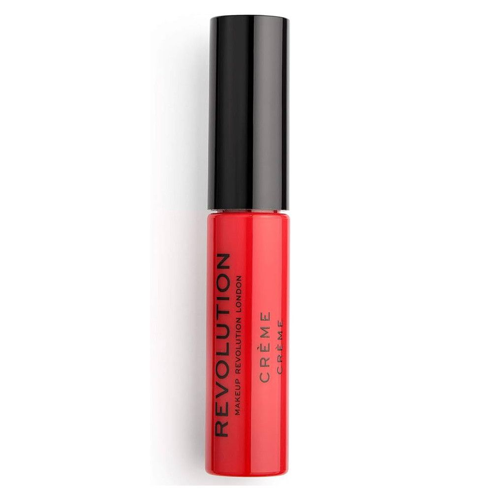 Roter Creme-Lippenstift mit schwarzem Deckel. Aufschrift: REVOLUTION, CRÈME.