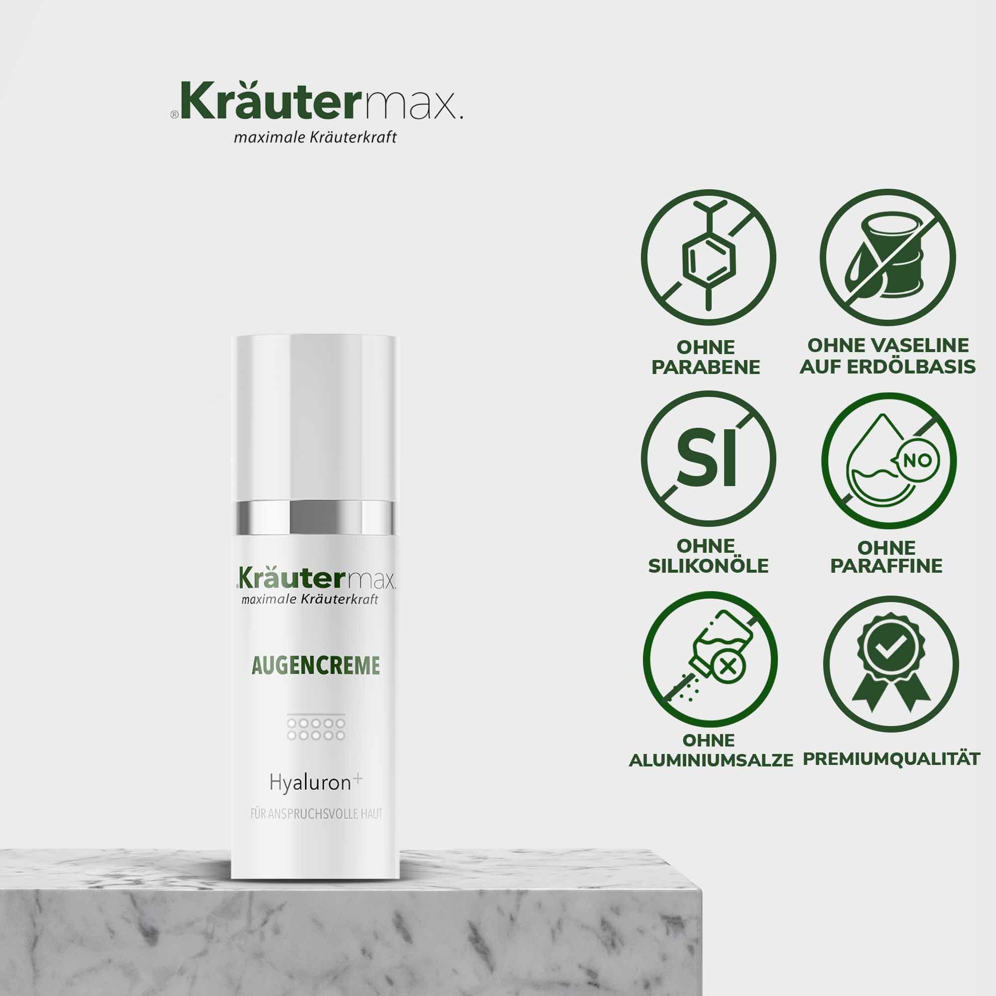 Augencreme-Flakon auf Marmor. Text: Kräutermax, Augencreme, Hyaluron. Symbole: Ohne Parabene, Vaseline, Silikone, Paraffine, Aluminiumsalze.