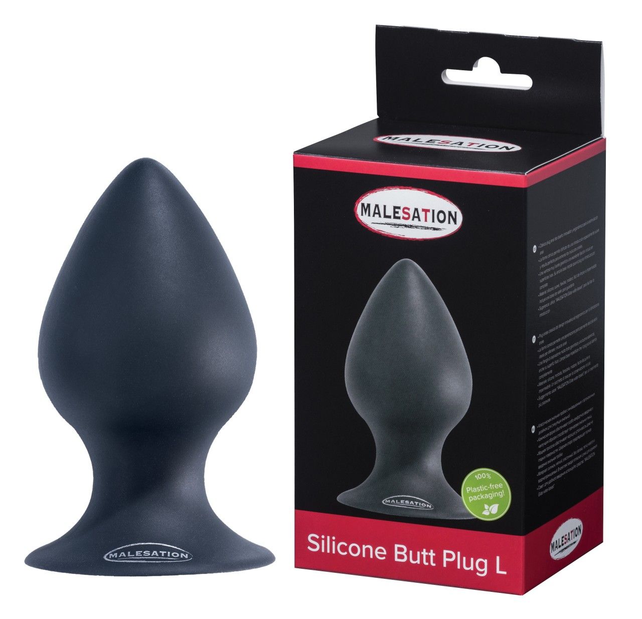 Dunkelblauer Silikon-Butt-Plug. Auf schwarzer Verpackung mit Logo und Produktbezeichnung: Silicone Butt Plug L.