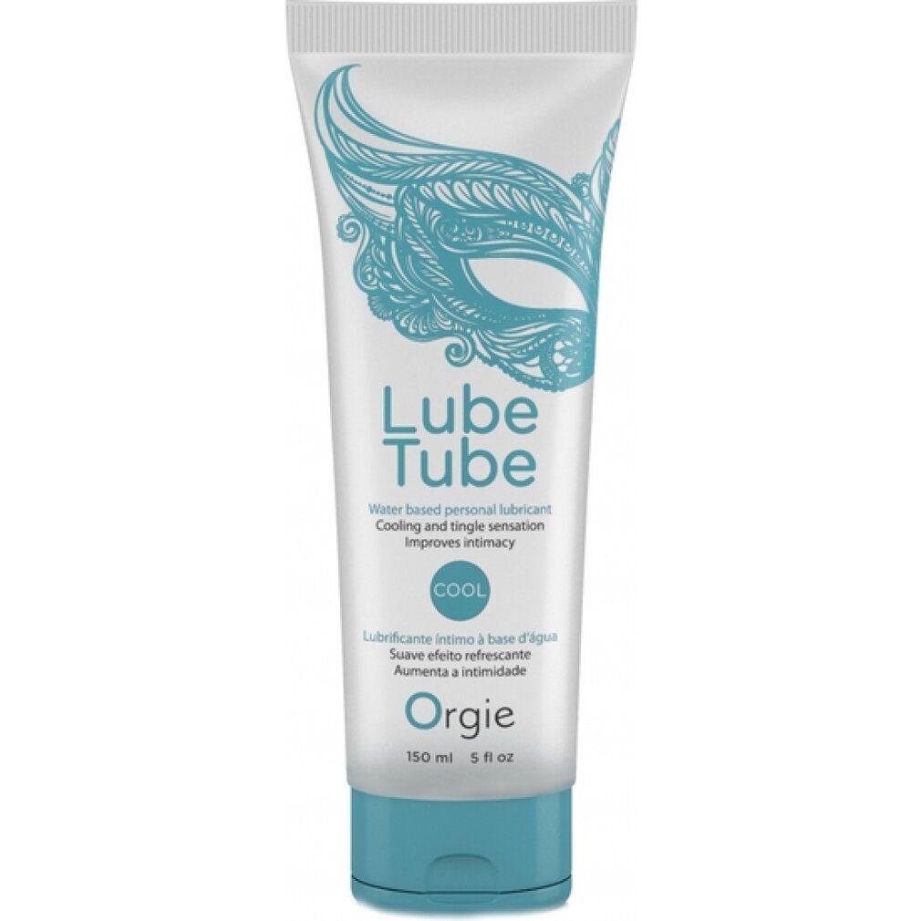 Tube mit Produktbezeichnung Lube Tube Cool. Text: Water based personal lubricant. Marke: Orgie. Türkis-farbener Verschluss.