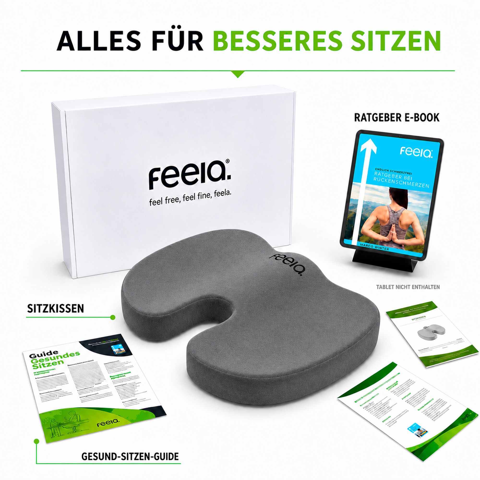 Graues Sitzkissen, Box, E-Book und Anleitungen für besseres Sitzen.
