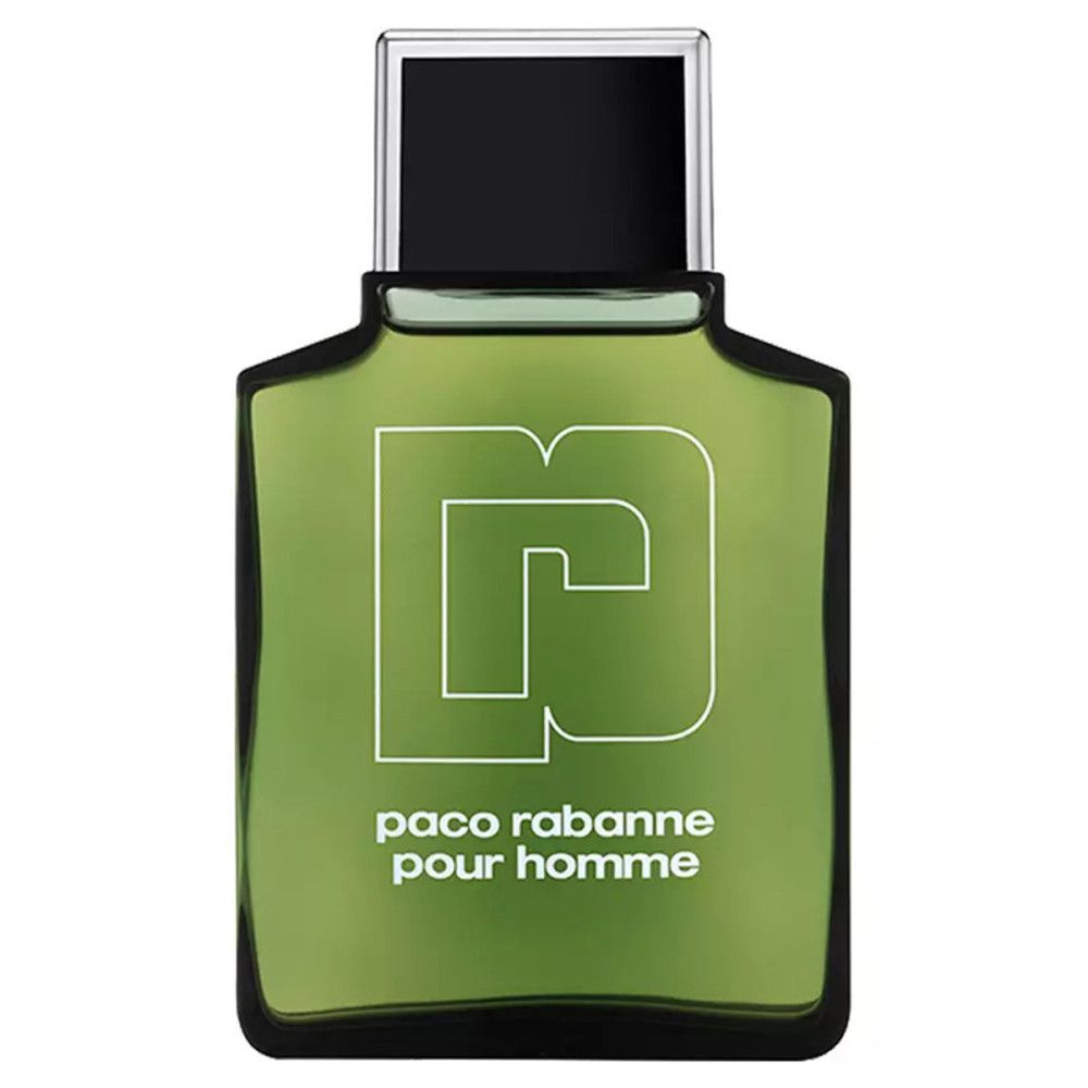 Paco Rabanne Pour Homme Eau de Toilette Flakon. Grün, eckig, mit weißem Logo und Schriftzug.