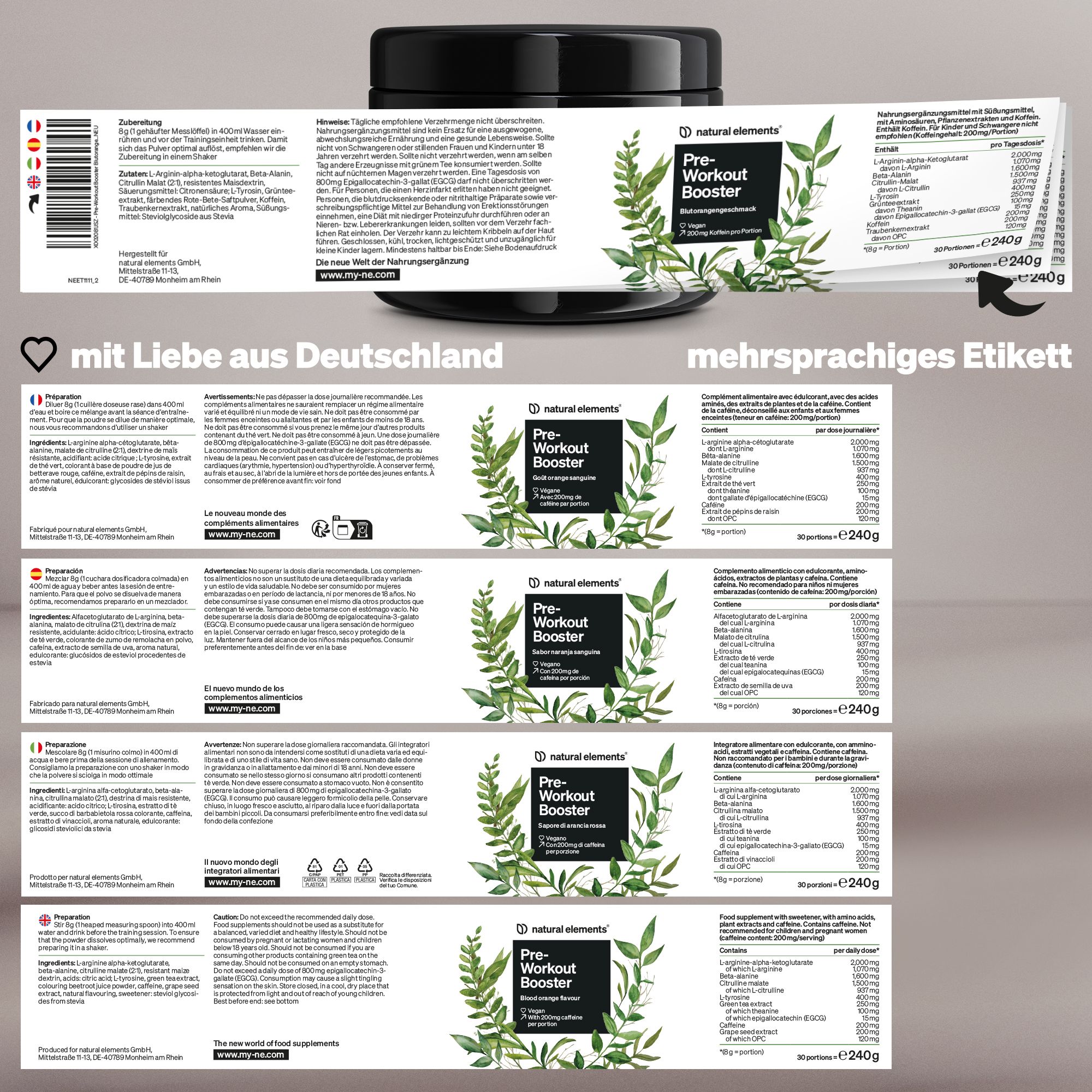 Mehrsprachiges Etikett mit Produktinformationen. Aufschrift: Pre-Workout Booster. Enthält Informationen in verschiedenen Sprachen.
