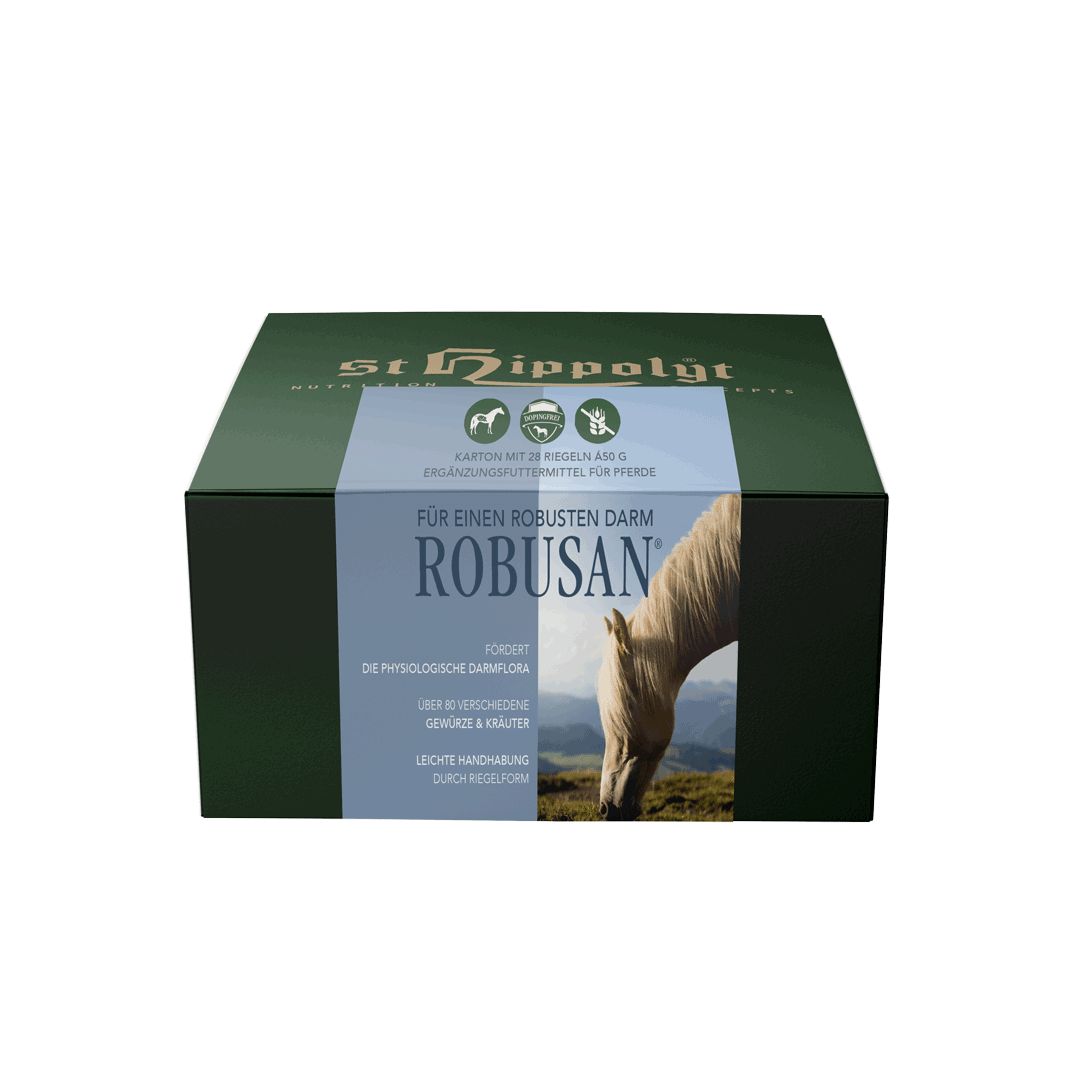 Dunkelgrüne Verpackung mit Produktnamen ROBUSAN. Logo St. Hippolyt. Abbildung eines Pferdes. Text in Deutsch.