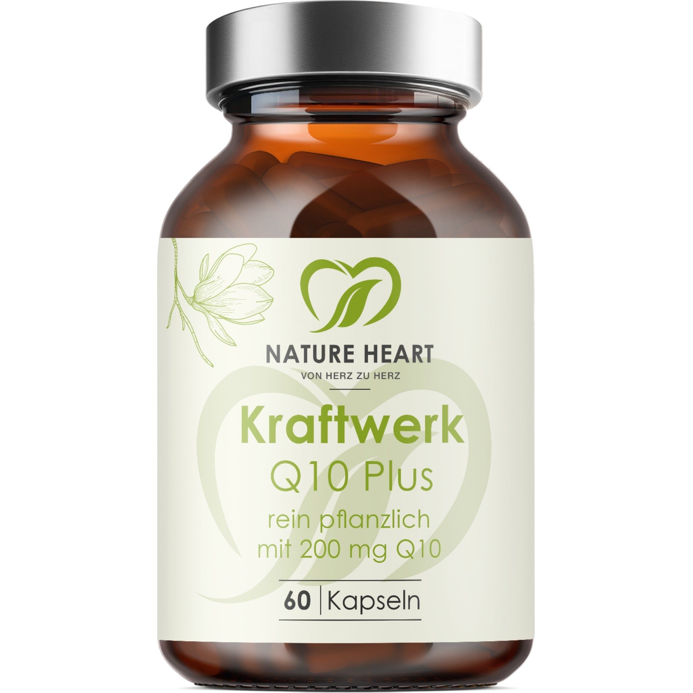 Braunglasflasche mit Nature Heart Kraftwerk Q10 Plus Kapseln, 60 Stück.