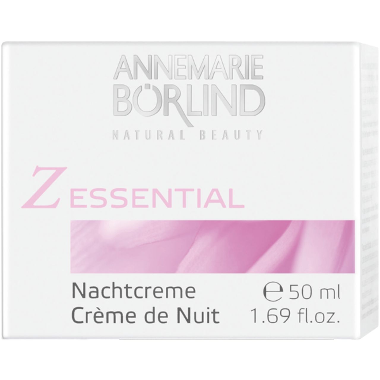 Creme-Glas mit weißem Deckel. Aufschrift: Z Essential Nachtcreme. Mond-Symbol.