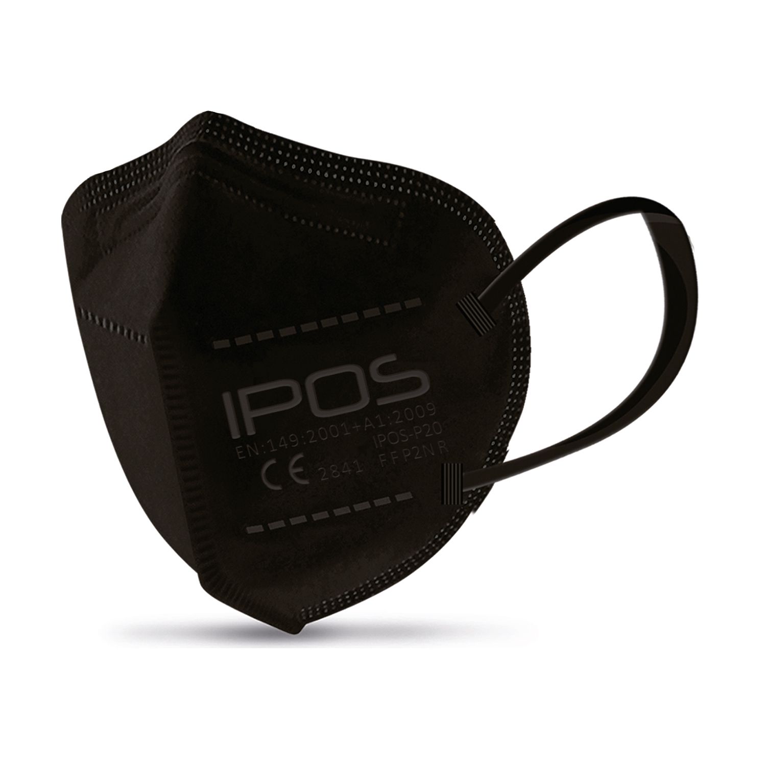 Schwarze IPOS FFP2-Atemschutzmaske. Form: dreieckig, mit Ohrschlaufen. Text: 'IPOS', 'CE 2841'.