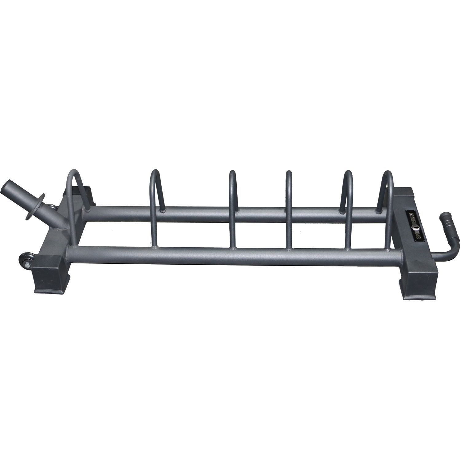 Schwarzer Metall-Bumper Plate Rack. Sechs Halterungen für Gewichtsscheiben. Griff an der Seite. Sporttrend24 Logo.