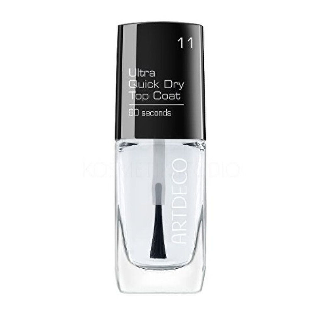 Klare Nagellackflasche mit schwarzem Deckel. Aufschrift: Ultra Quick Dry Top Coat, 60 seconds. Marke: ARTDECO. Nummer 11.