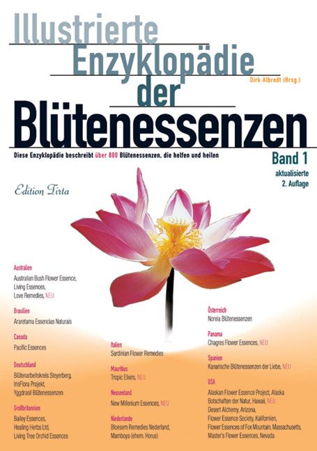 Buchcover: Illustrierte Enzyklopädie der Blütenessenzen, Band 1. Titel, Autor, und eine Blüte sind abgebildet.