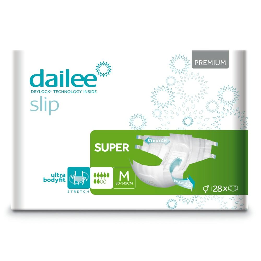 Verpackung mit Dailee Slip Premium Super. Aufdrucke: DRYLOCK TECHNOLOGY INSIDE, ultra bodyfit, STRETCH, M, 80-145CM, 28 Stück.